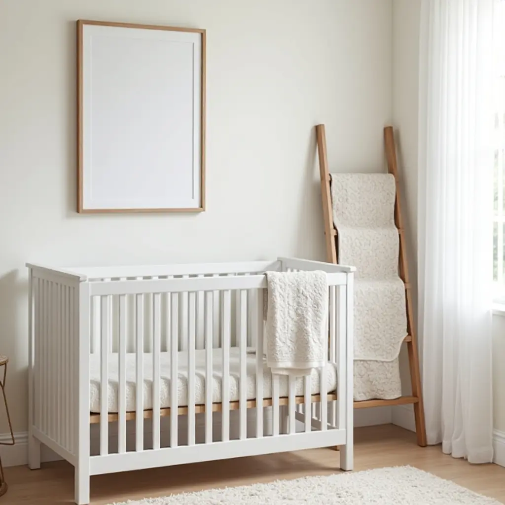 a photo of a nursery with a decorative ladder for blankets