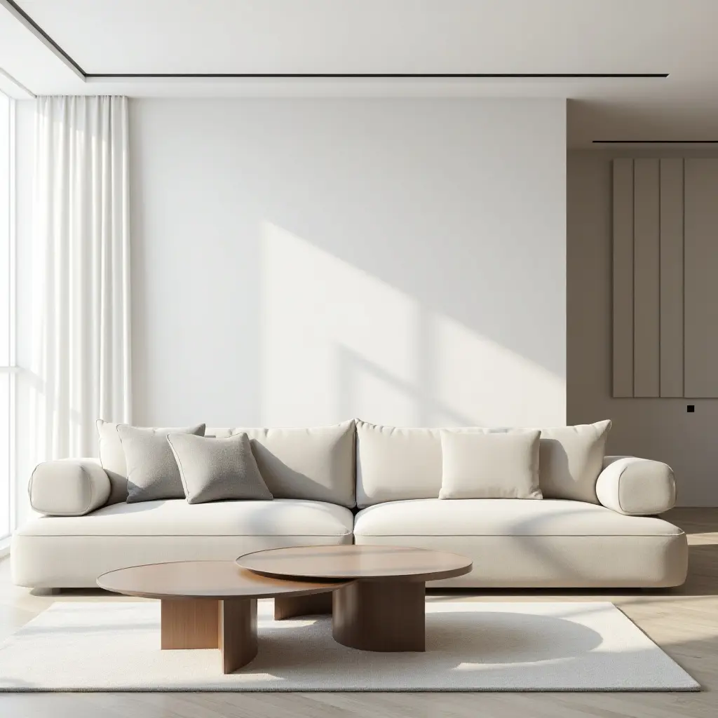 a photo of a minimalist living room with a simple, elegant coffee table setup