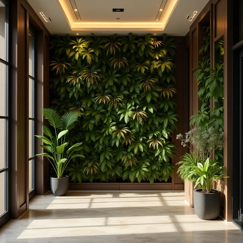 a photo of a modern entrance hall with a living wall of tropical plants