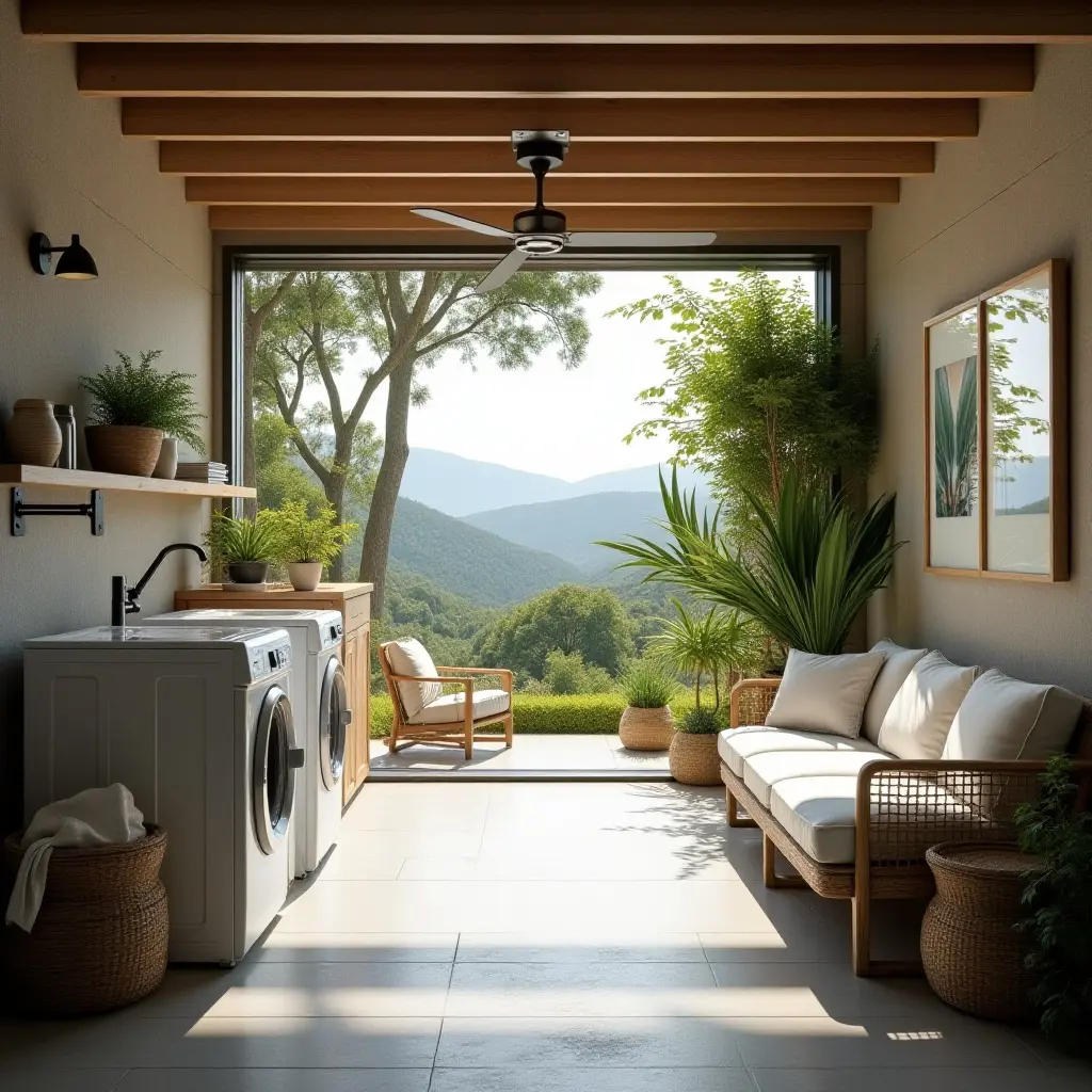 a photo of an outdoor laundry area featuring a beautiful view and comfortable seating