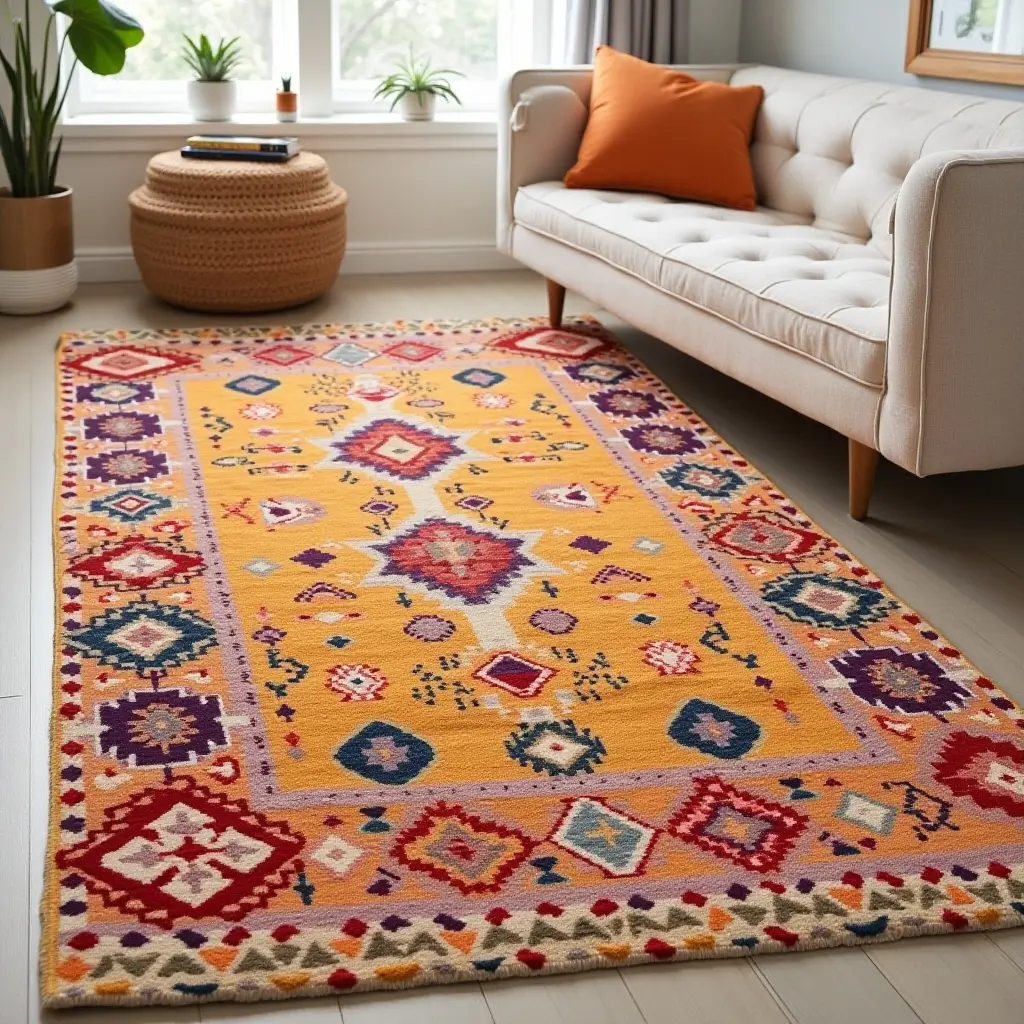a photo of a vibrant tribal pattern rug in warm colors for a nursery