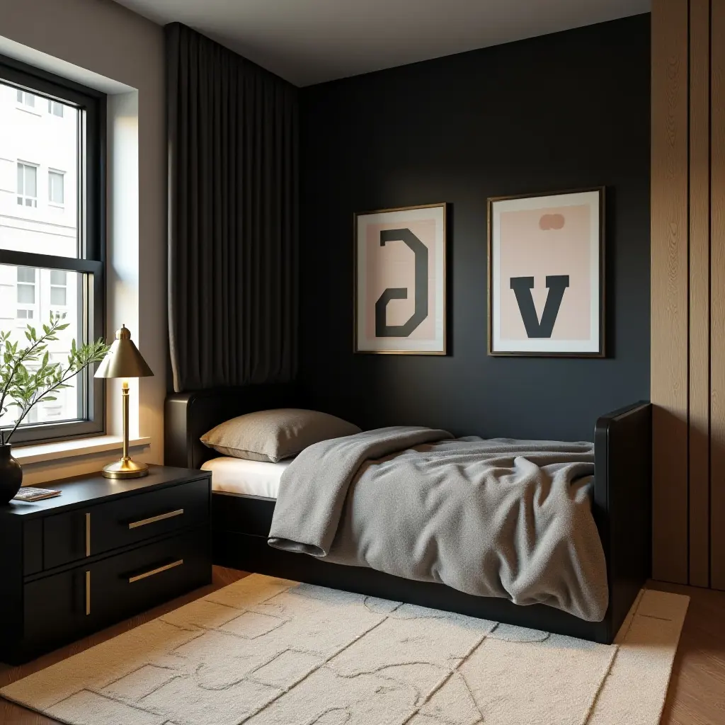 a photo of a stylish black and gold modern kids' room