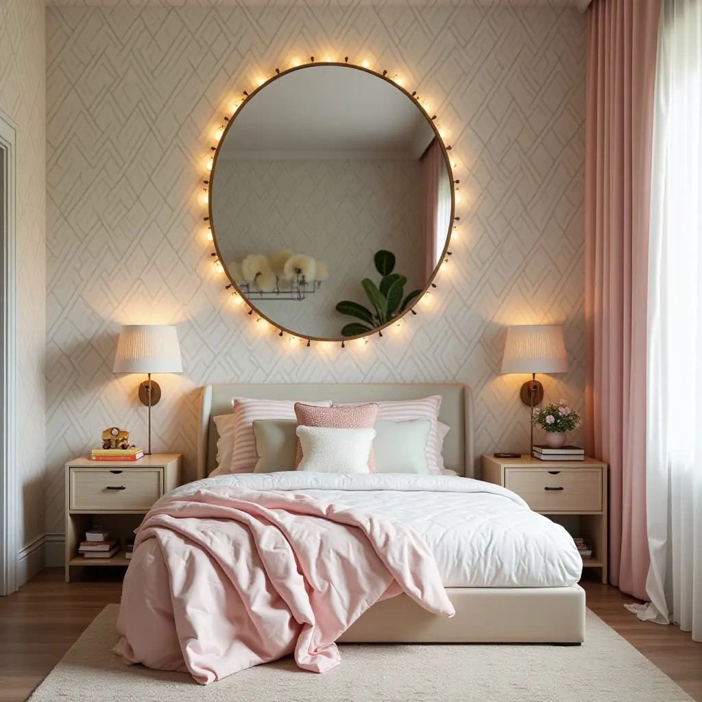 a photo of a stylish kids' bedroom with a large decorative mirror and bright wallpaper