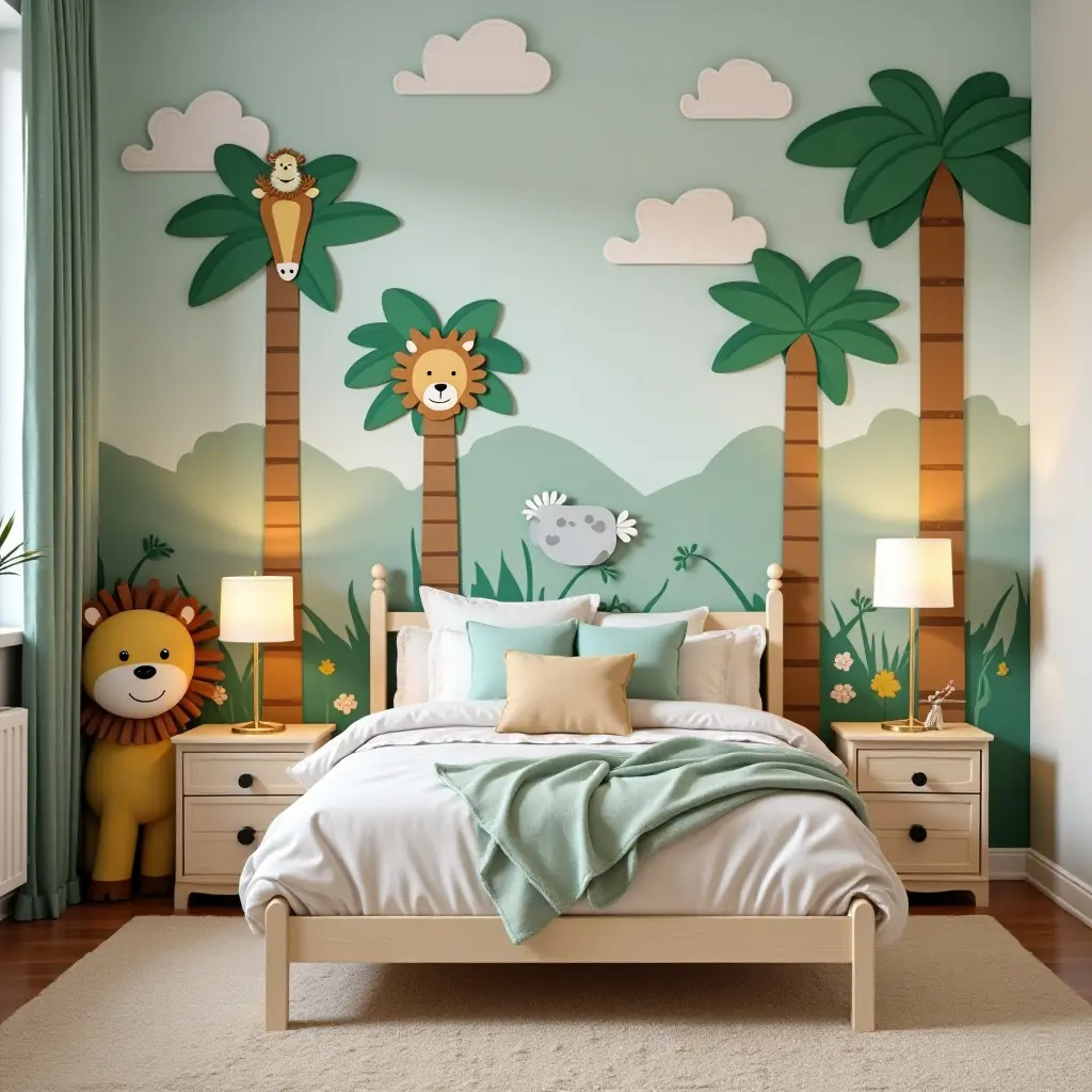 a photo of a playful jungle-themed bedroom decor