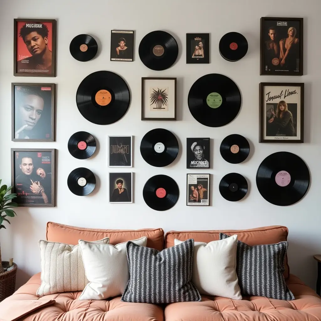 a photo of a music-themed gallery wall with vinyl records and concert tickets in a teen's creative space