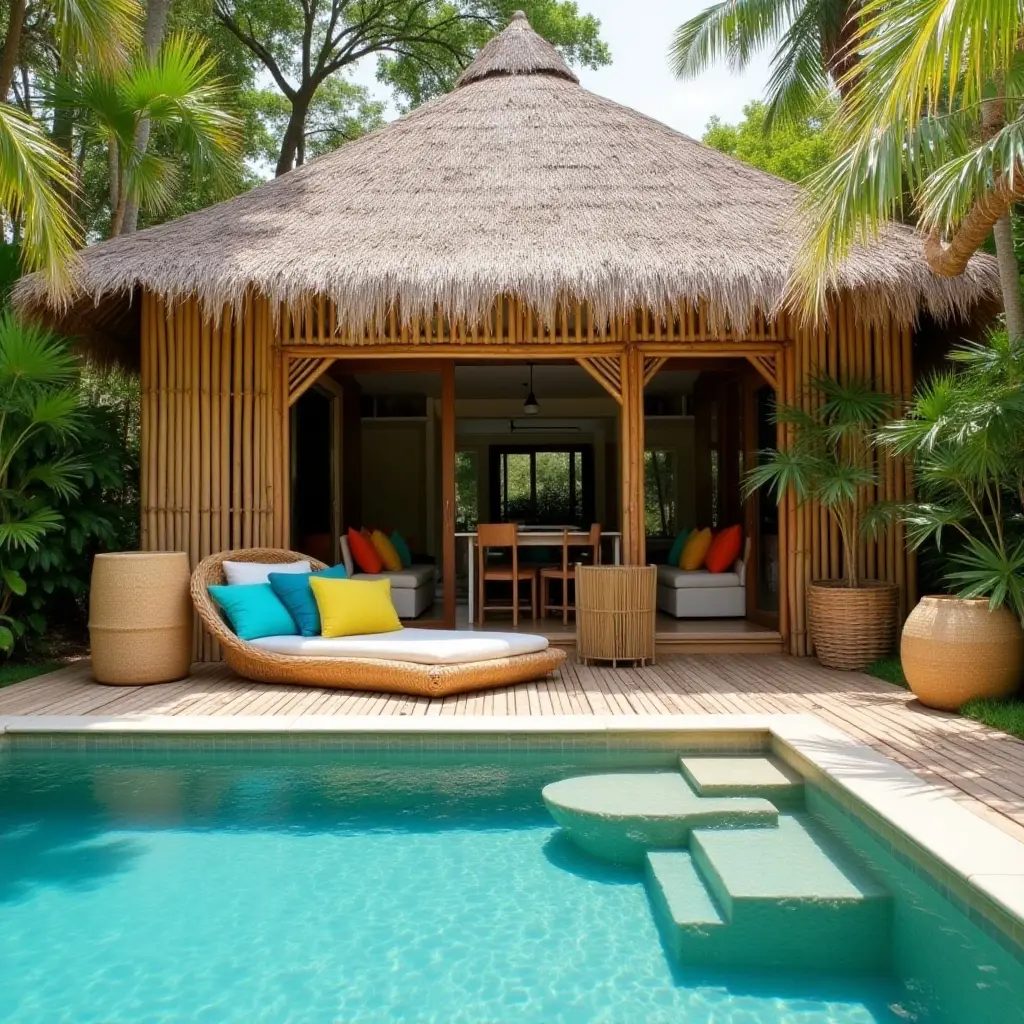 a photo of a tropical-themed pool deck with bamboo decor and colorful cushions