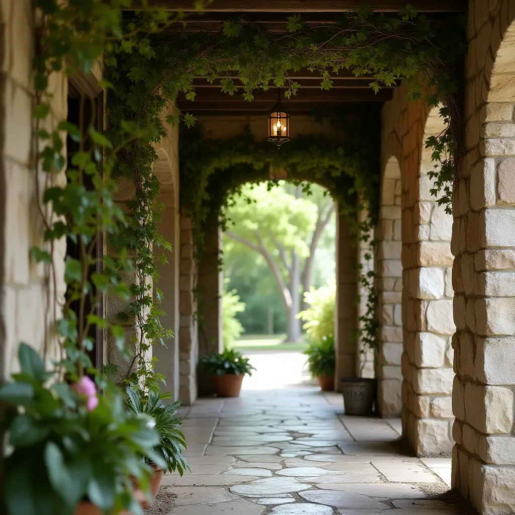 a photo of a cozy hallway with trailing vines draping over a mirror