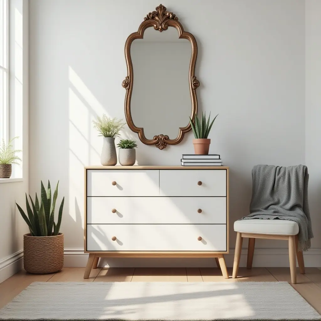 a photo of a vintage mirror above a stylish dresser in a teen's room