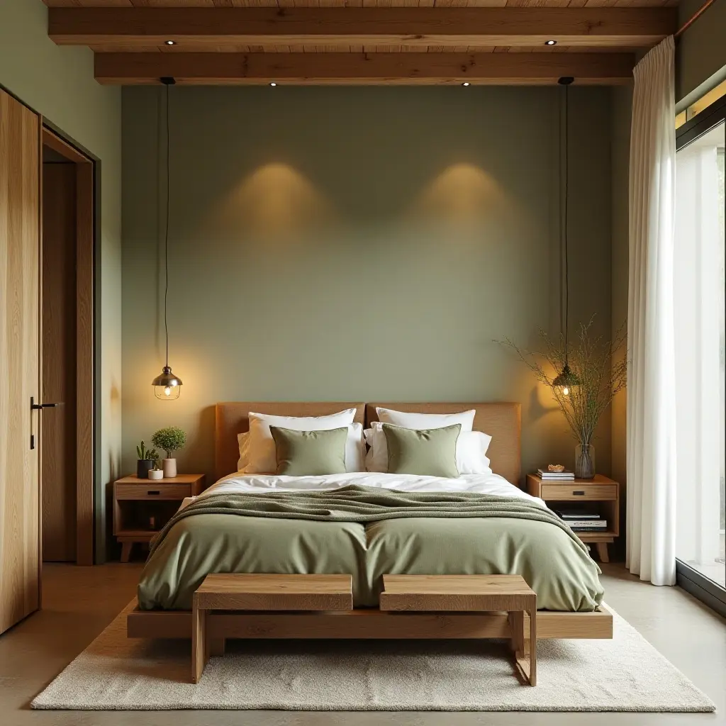 a photo of a Mediterranean-inspired bedroom with olive green accents and natural wood