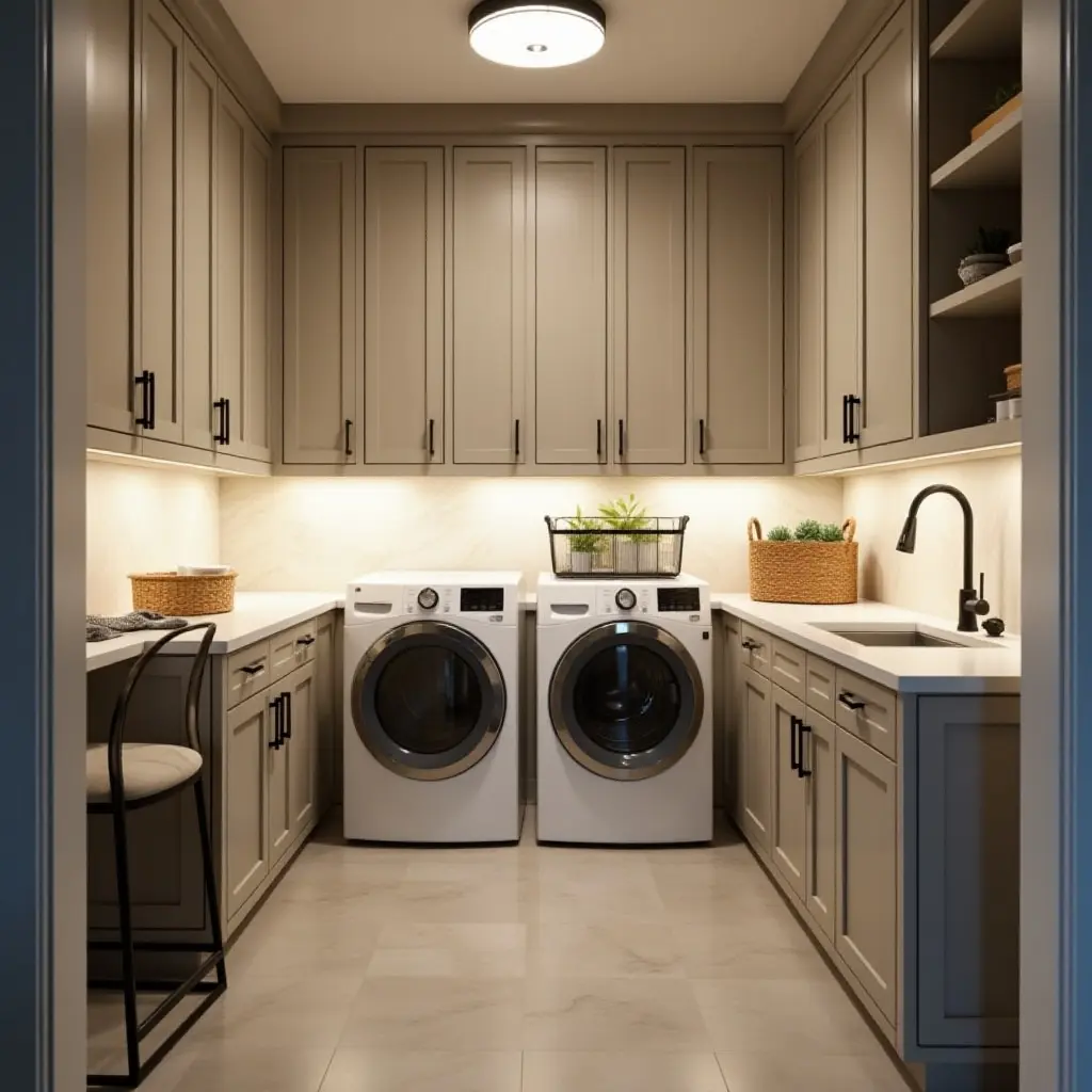 a photo of a basement laundry room with practical task lighting