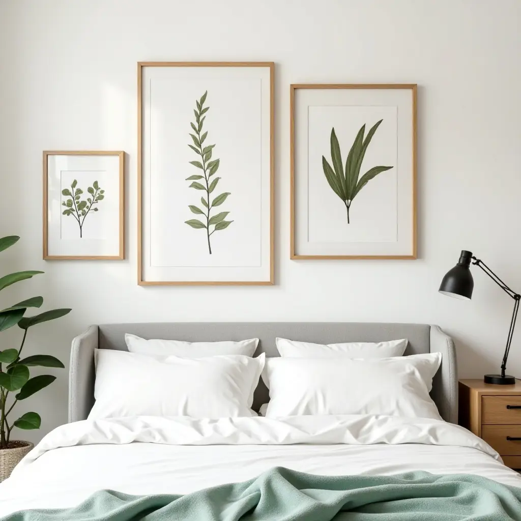 a photo of a nature-themed gallery wall with botanical prints and wooden frames in a teen's space