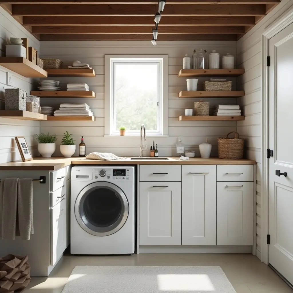 a photo of a chic laundry room in a basement with organized supplies