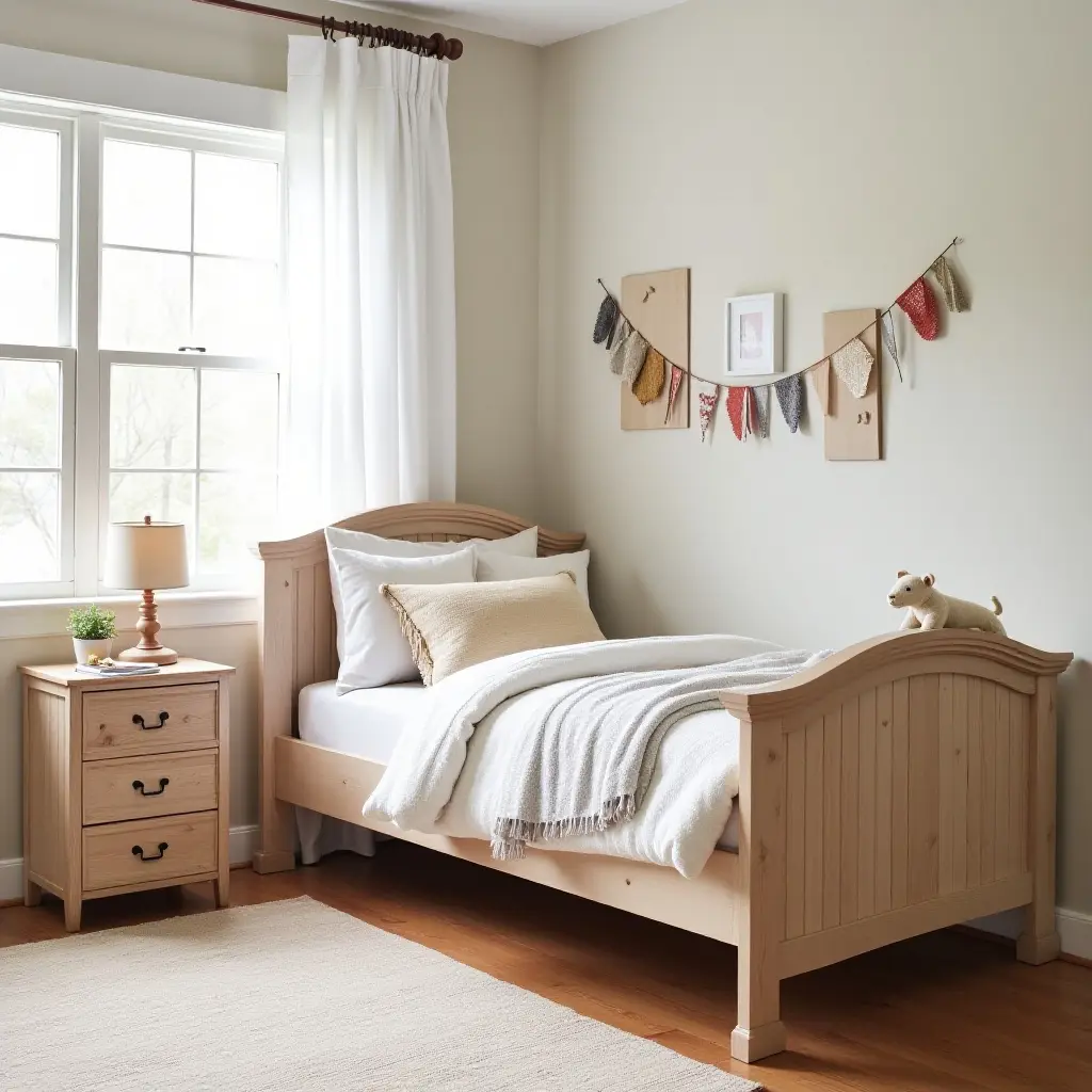 a photo of a whimsical kids' room featuring a farmhouse-style bed and decor