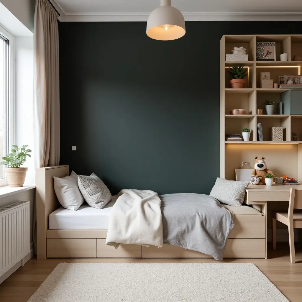 a photo of a stylish Scandinavian kids' room with a chalkboard wall and creative play areas