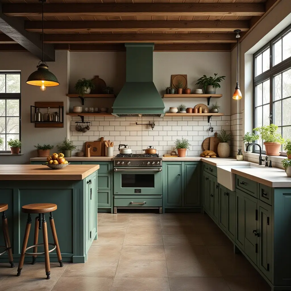 a photo of a kitchen with vintage-style appliances and industrial touches