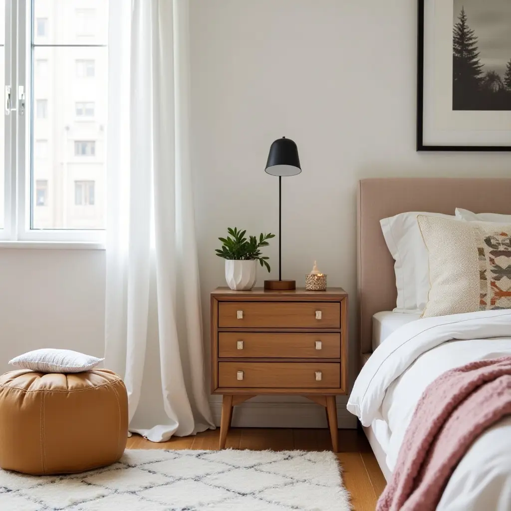 a photo of an eclectic kids' room blending vintage side table with modern decor