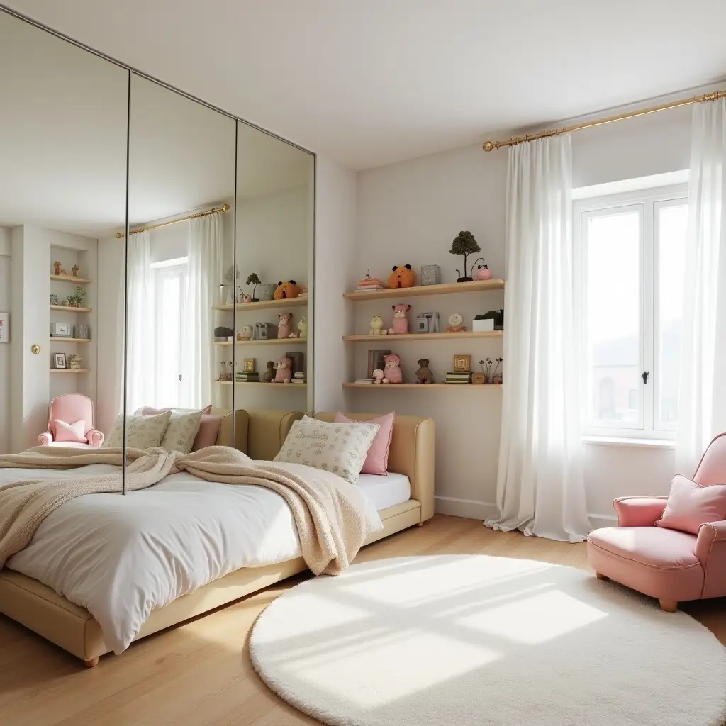 a photo of a spacious kids' room with mirrored shelves reflecting playful elements