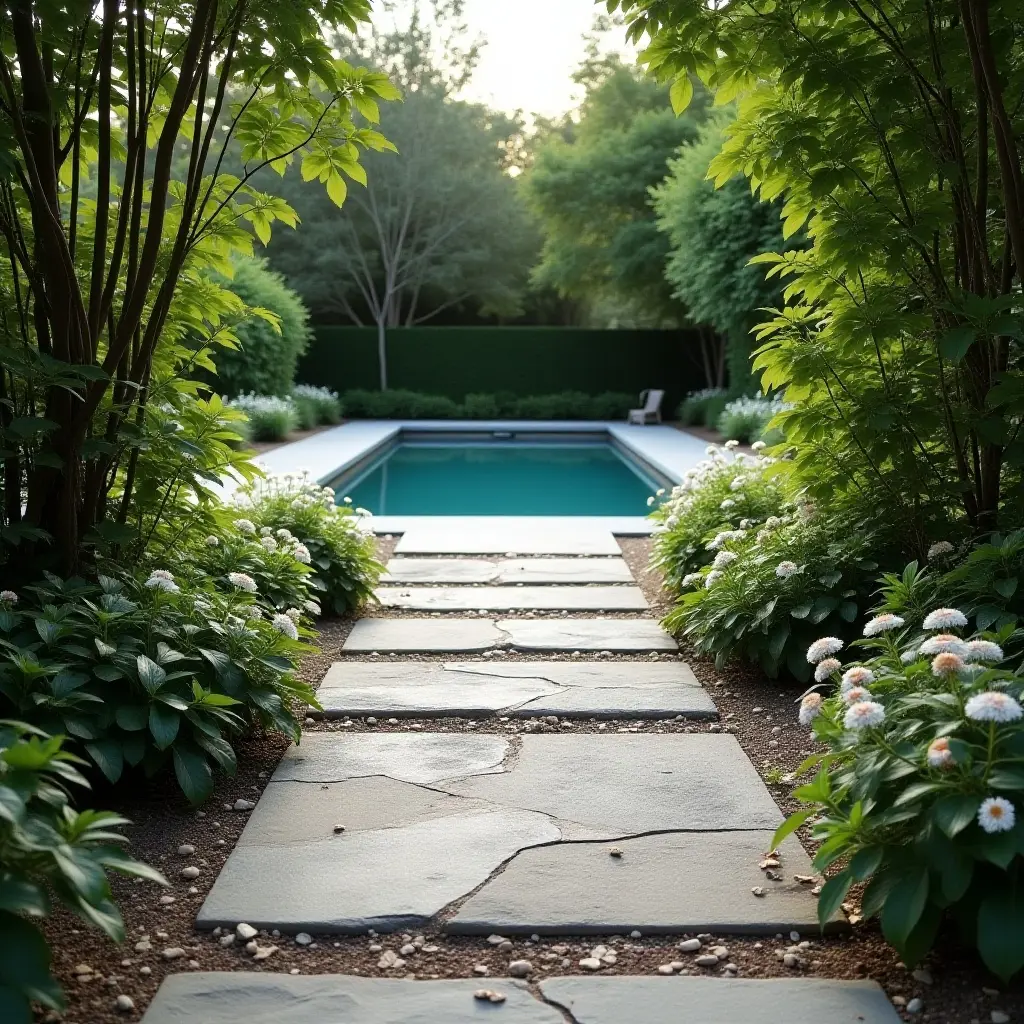 a photo of a weathered stone pathway leading to a pool