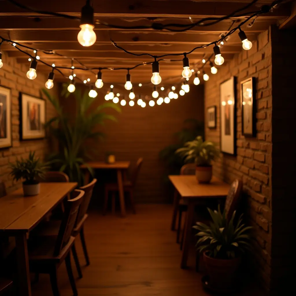 a photo of a cozy basement with string lights hanging from the ceiling