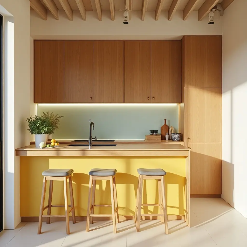 a photo of a kitchen with wooden accents and bright colors
