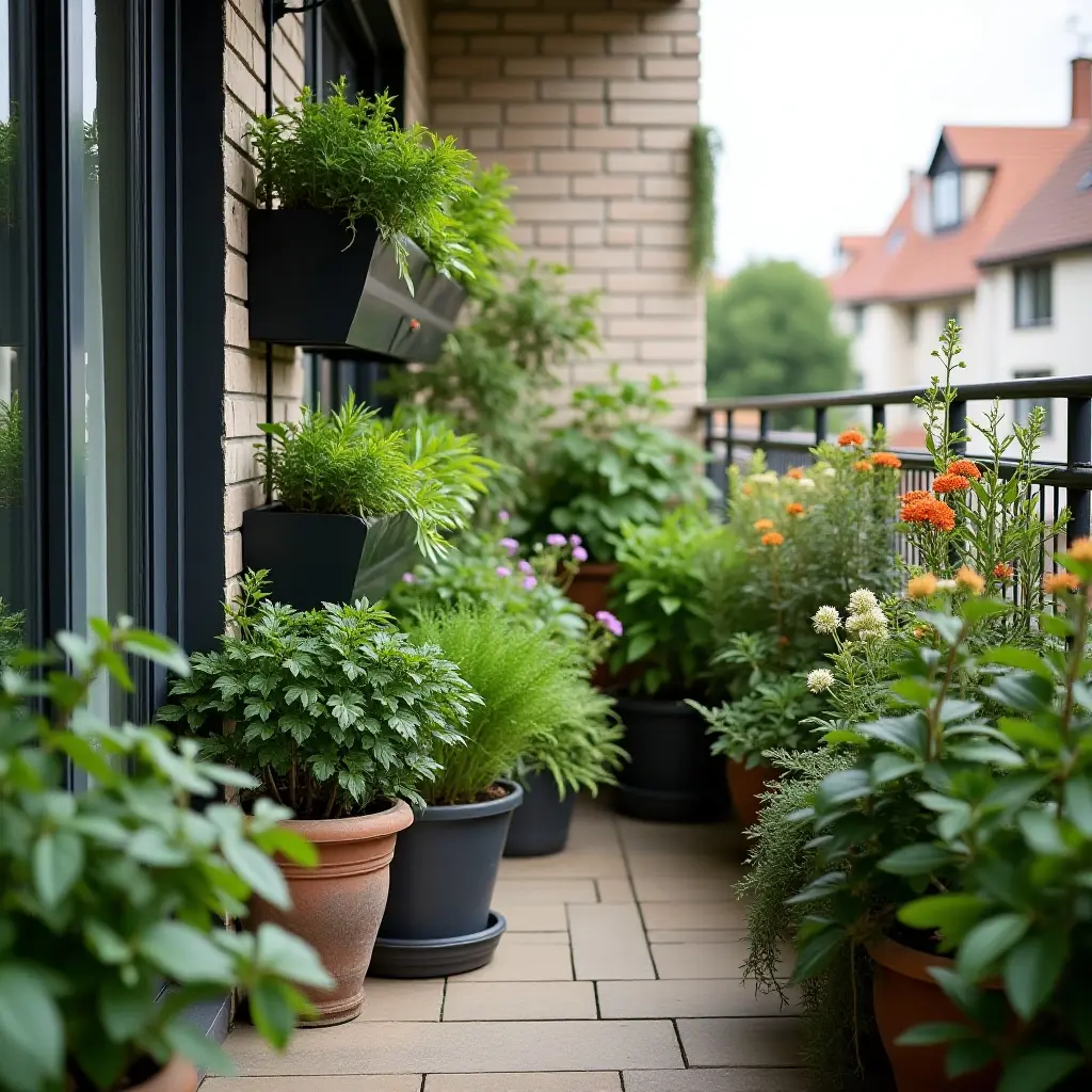 a photo of a stylish balcony garden with vertical planters and herbs
