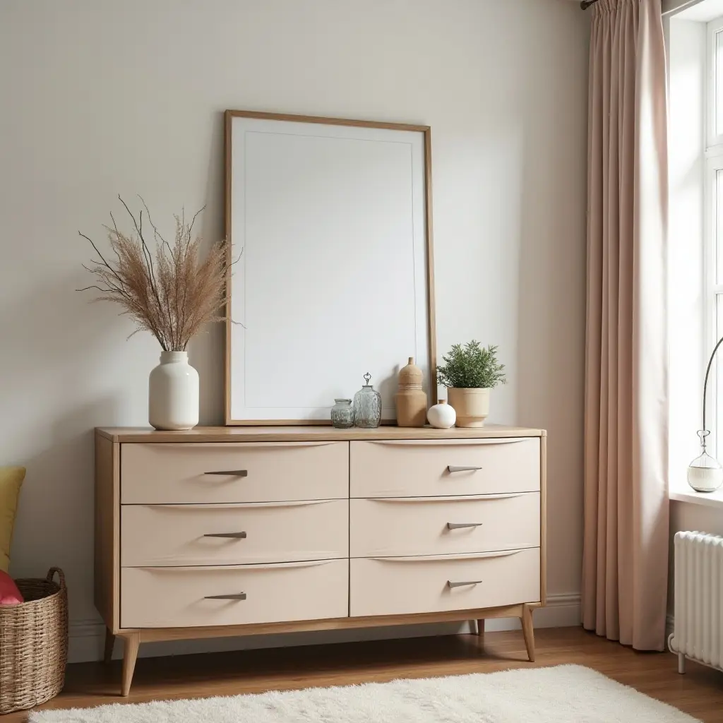 a photo of a vintage dresser in a modern teen's bedroom