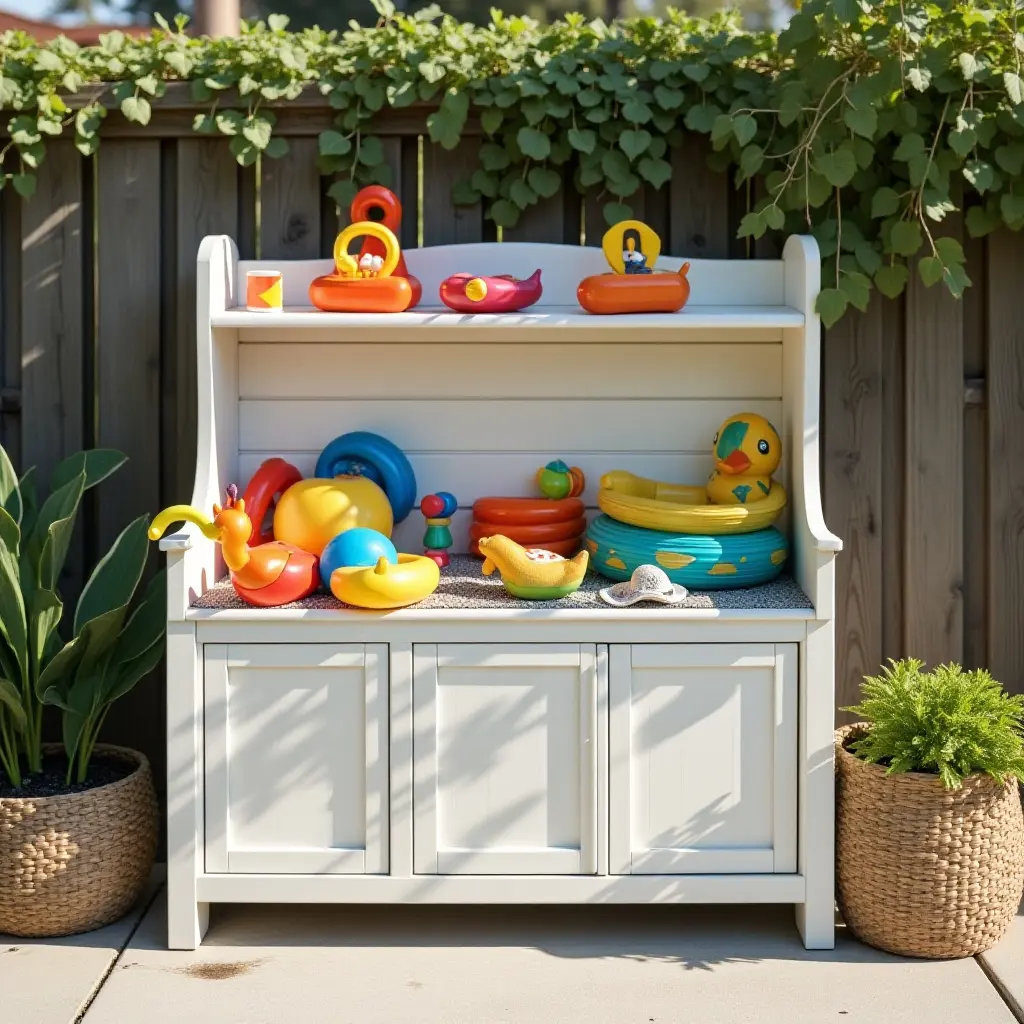 a photo of a fun poolside storage solution for kids' toys