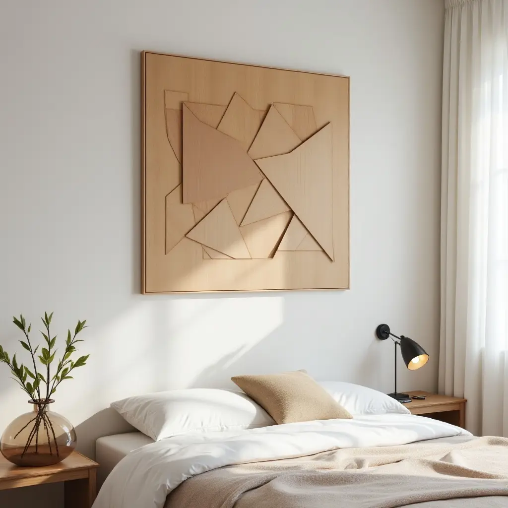 a photo of a wall with a geometric wood art installation for a modern teen's room