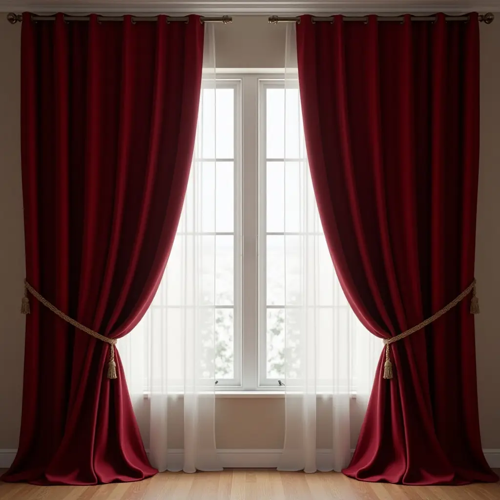 a photo of elegant burgundy curtains draping over large windows