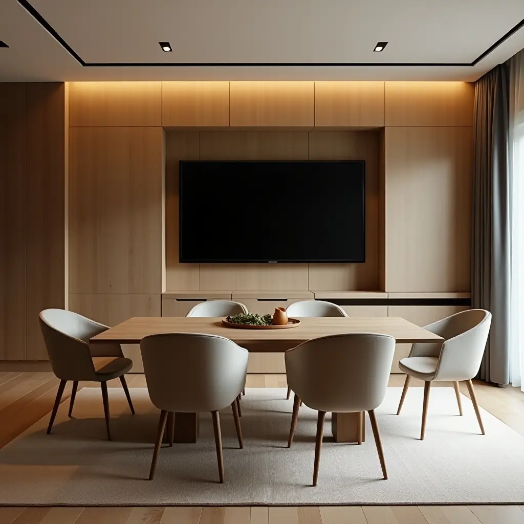 a photo of a dining room featuring a fold-down TV for space-saving functionality
