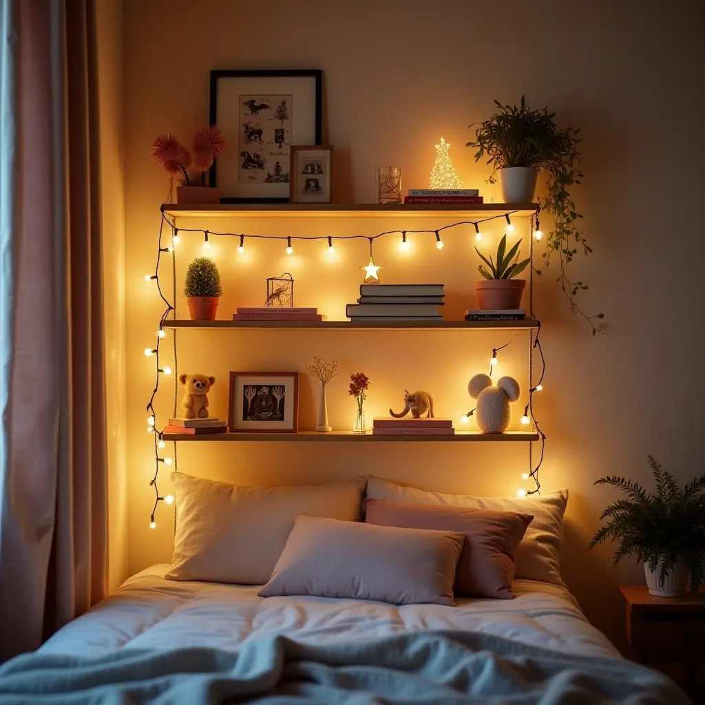 a photo of a playful bedroom shelf decorated with fairy lights and fun items