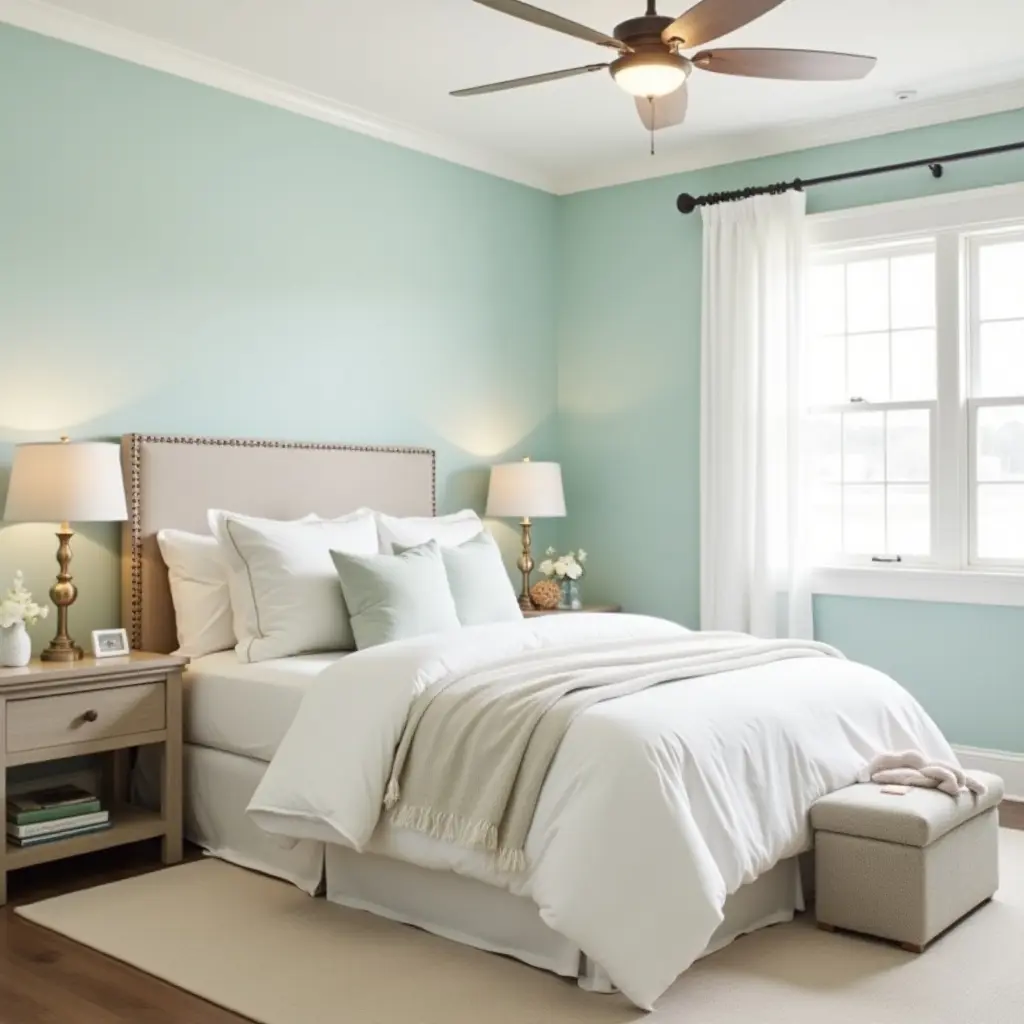 a photo of a beach-themed bedroom with soft colors and coastal accents