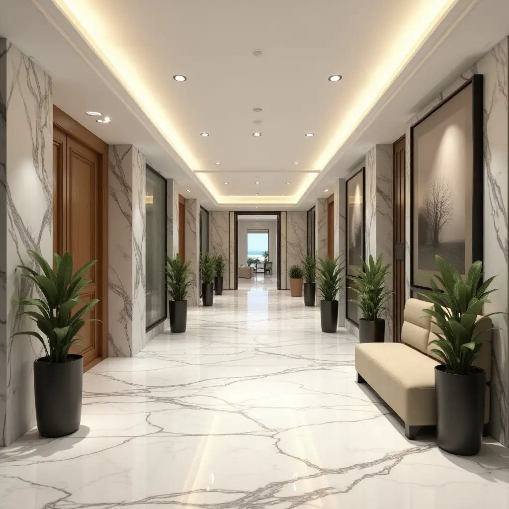 a photo of a luxurious marble hallway adorned with stylish artwork and plants