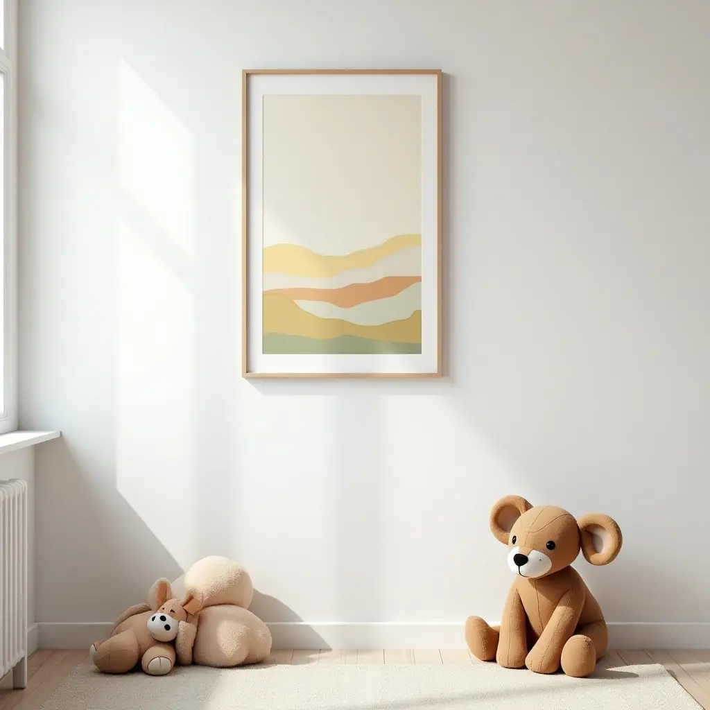 a photo of a stylish accent wall with framed art in a kids' room