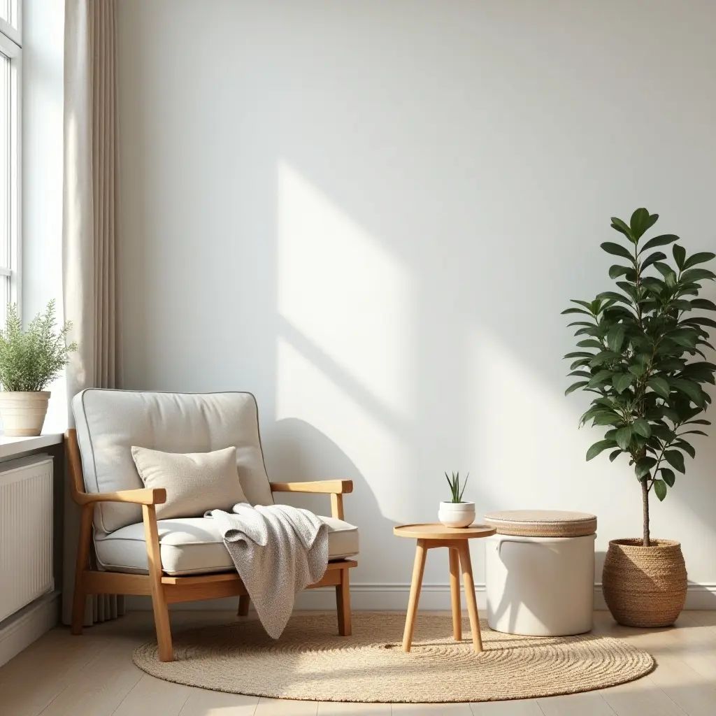 a photo of a light and airy Scandinavian decor with wooden furniture and indoor plants