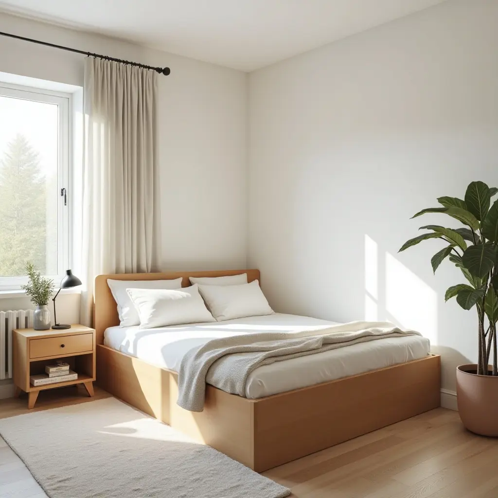a photo of a bright bedroom featuring a storage bed