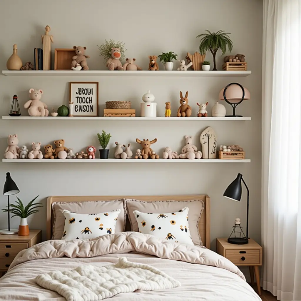 a photo of open shelving in a child's room filled with toys and playful decor