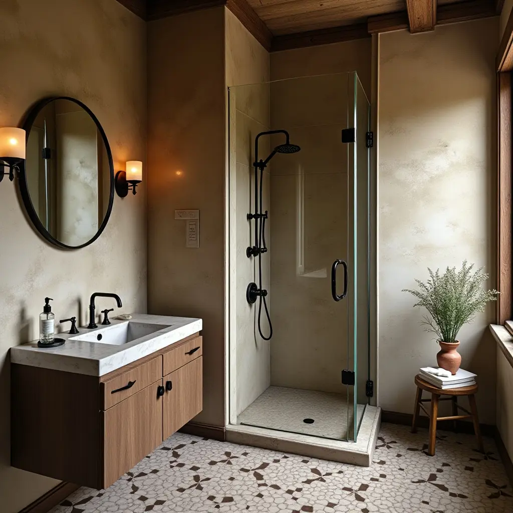 a photo of a vintage bathroom combining aged wood, classic tiles, and retro metal elements