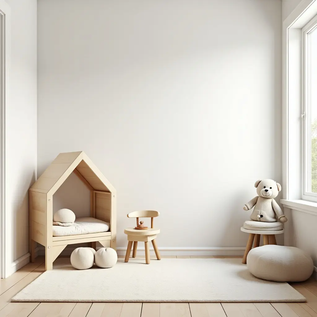 a photo of a bright and airy Scandinavian-inspired kids' room with wooden accents