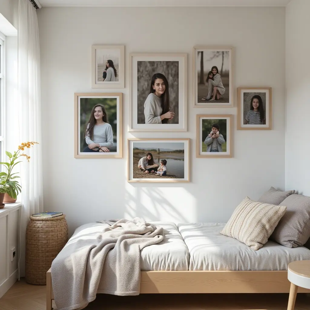 a photo of a personalized photo wall in a teenager's room