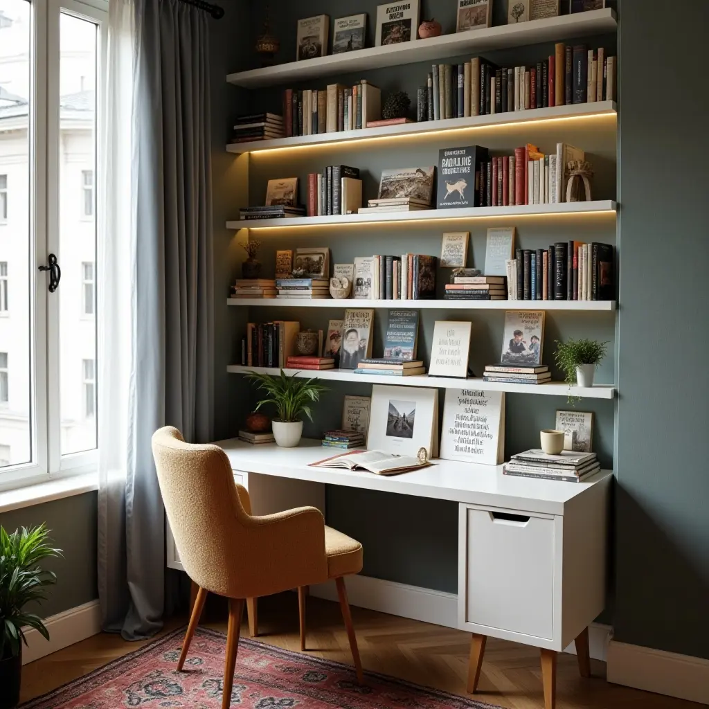 a photo of a study nook with a wall of inspirational books