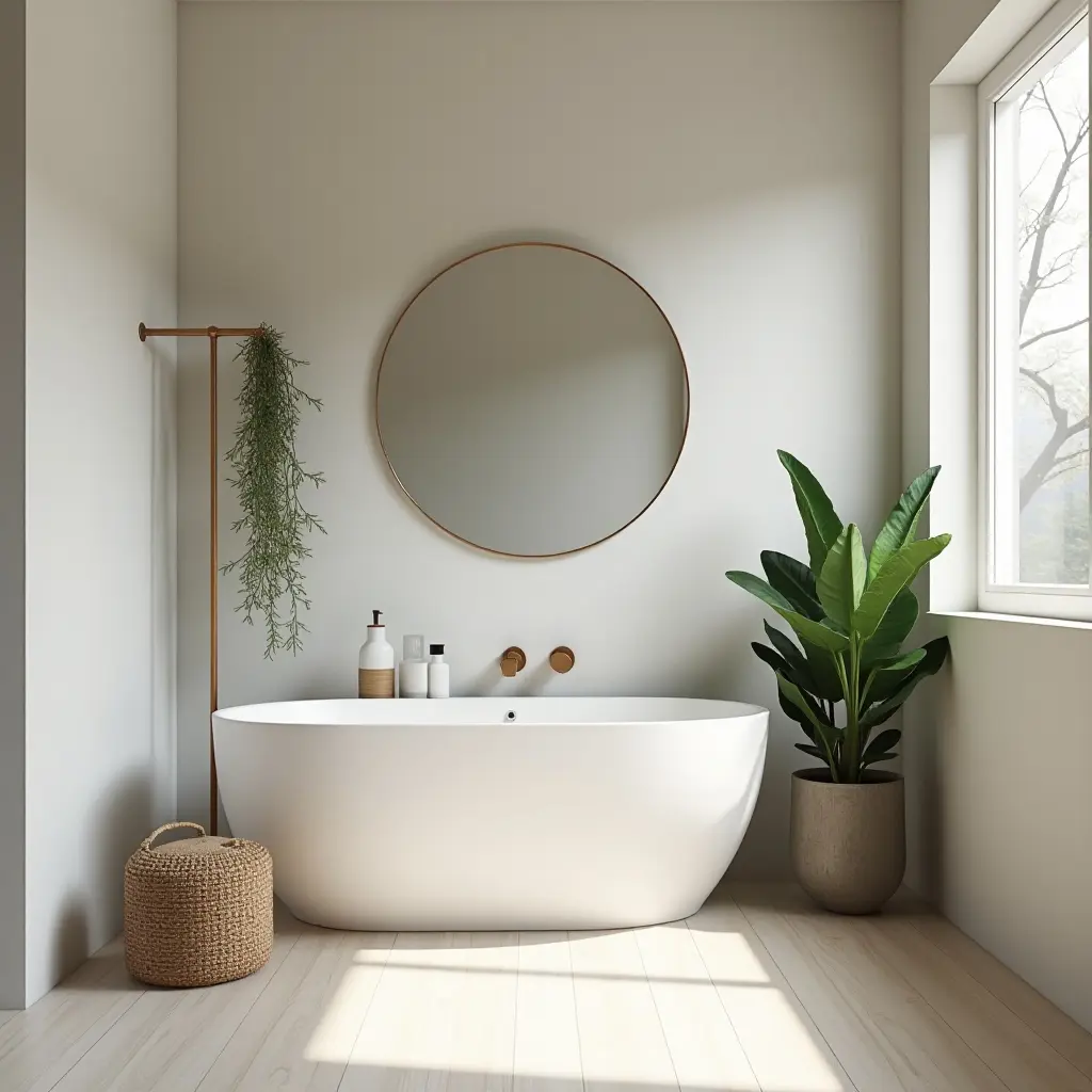 a photo of a modern bathroom with a large snake plant in the corner