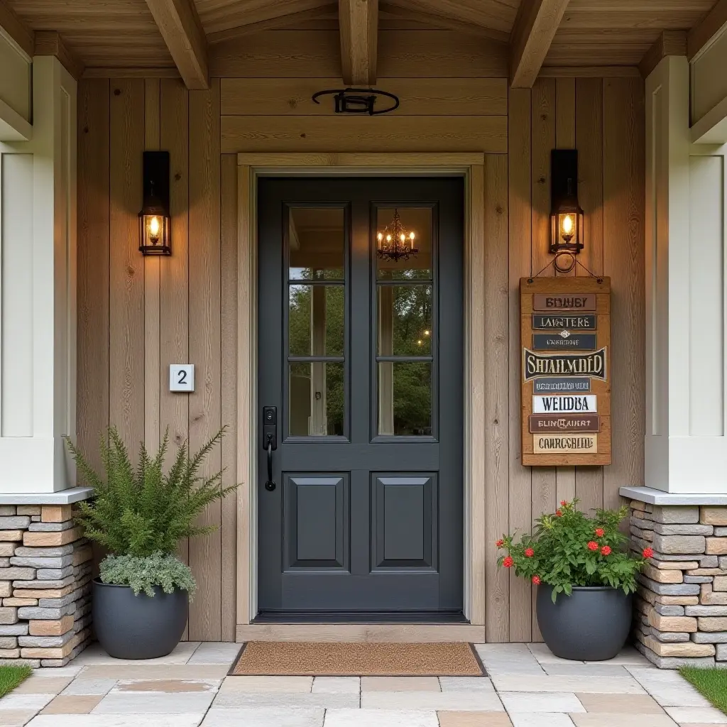 a photo of a farmhouse-style entrance with reclaimed wood and vintage signs