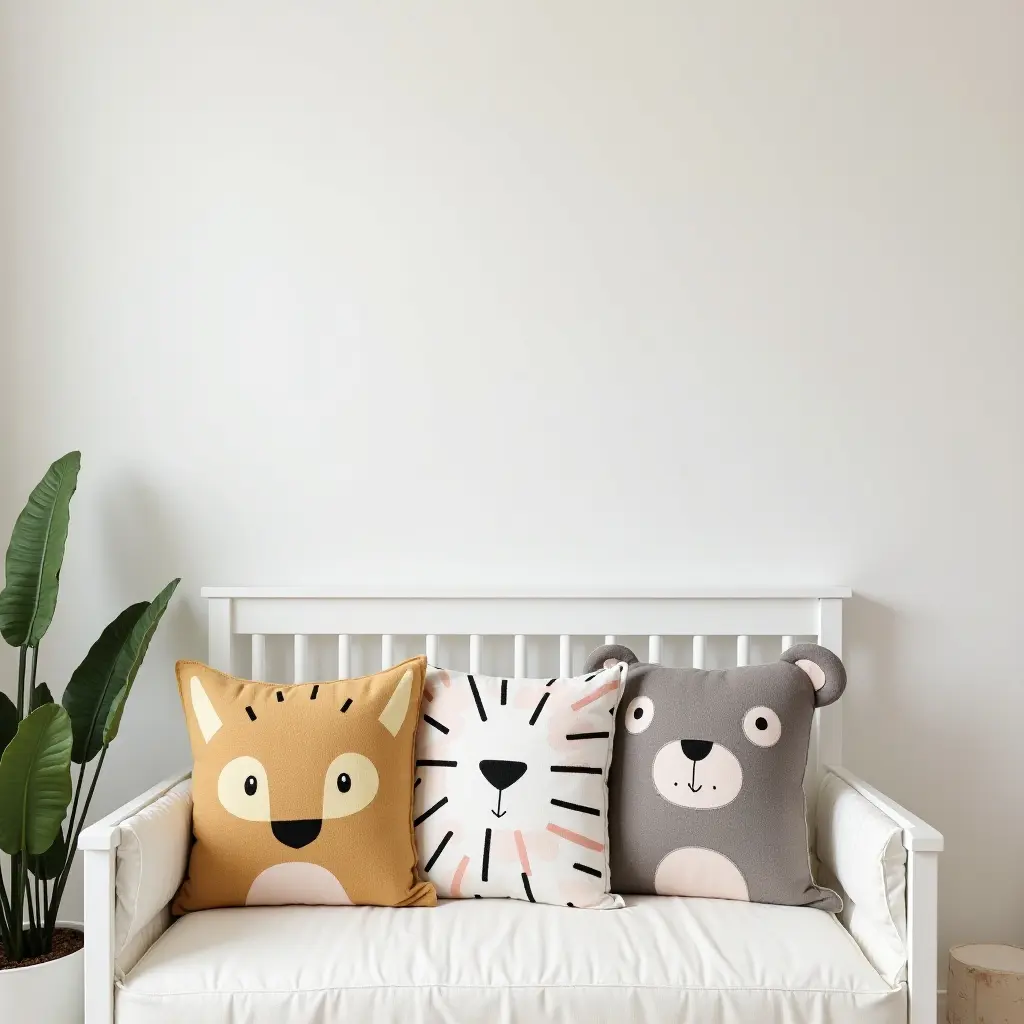a photo of a whimsical nursery with animal-themed throw pillows