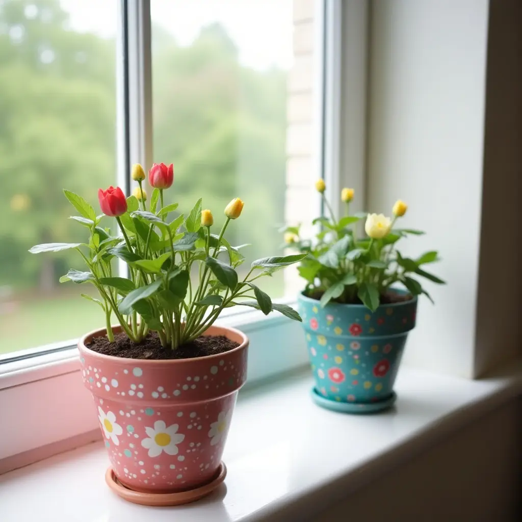 a photo of DIY painted flower pots on a teenager's windowsill