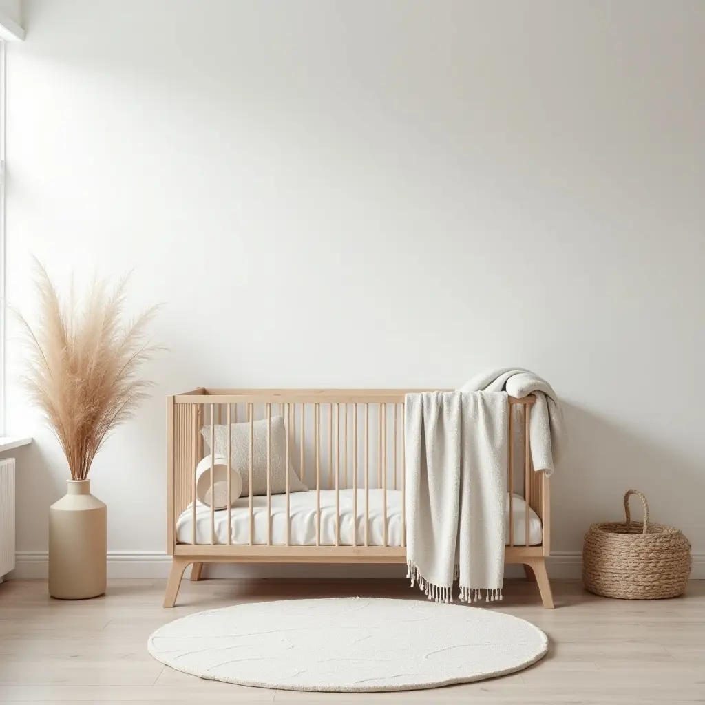 a photo of a serene space with a minimalist crib and decorative accents