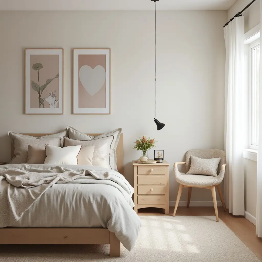 a photo of a modern kids' bedroom blending soft fabric bedding, natural wood furniture, and metal accents
