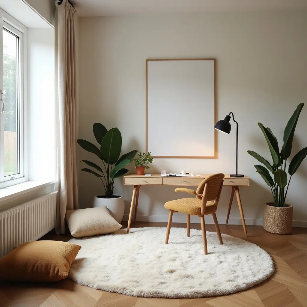 a photo of a study nook featuring a plush rug and floor cushions