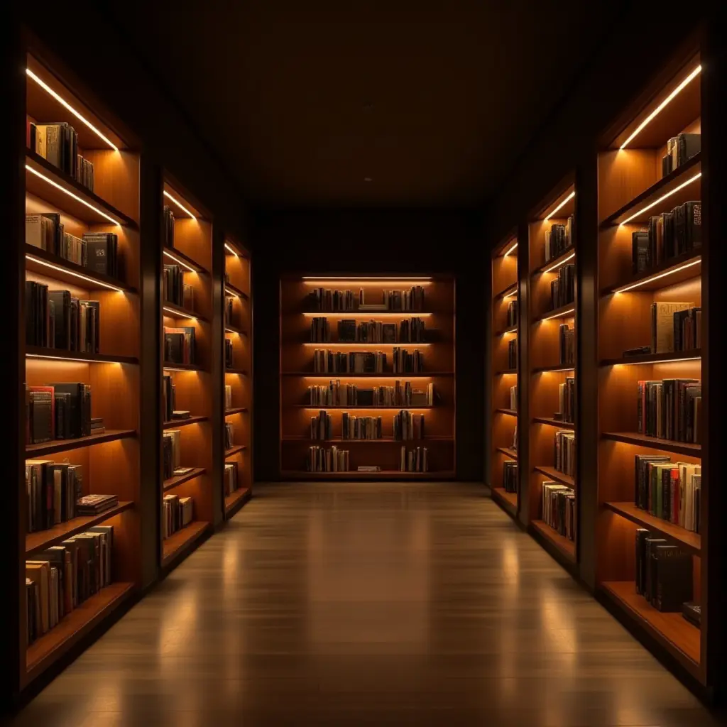 a photo of a corridor with illuminated bookshelves creating ambiance