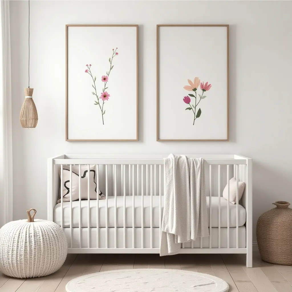 a photo of a nursery featuring floral prints and rustic wooden accents